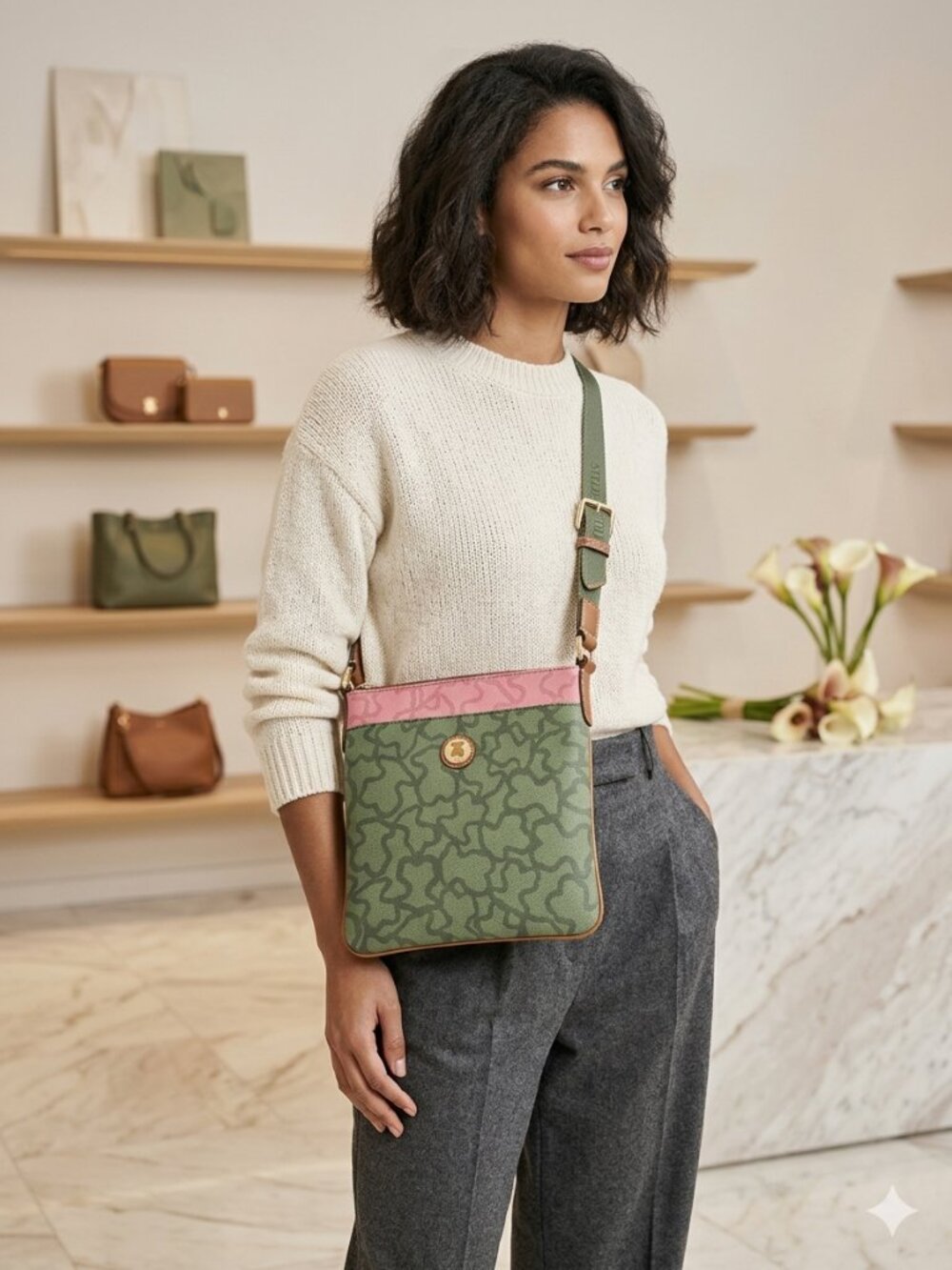 Authentic TOUS Green & Pink Crossbody Bag - Stylish Everyday Purse